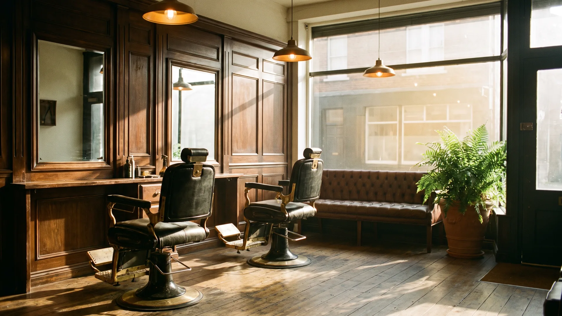 Two black leather barber chairs facing tall mirrors in a dark timber barbershop with morning light