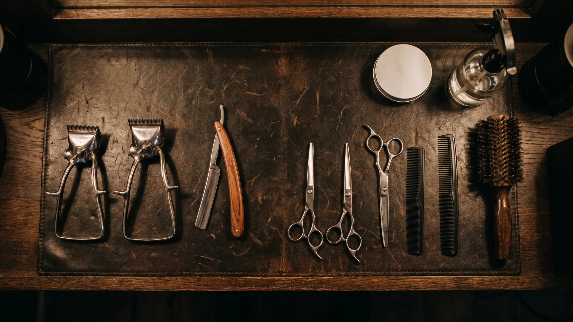 Clippers, a straight razor, scissors, combs and a bristle brush laid out on a dark leather barber station