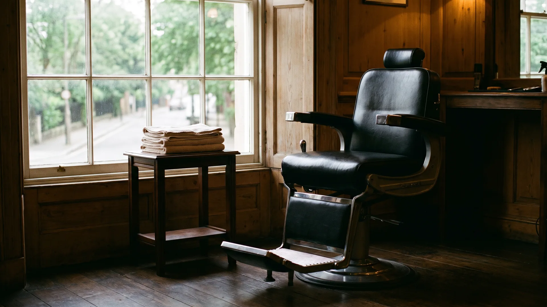 A black leather barber chair beside a tall window at JSL Studios