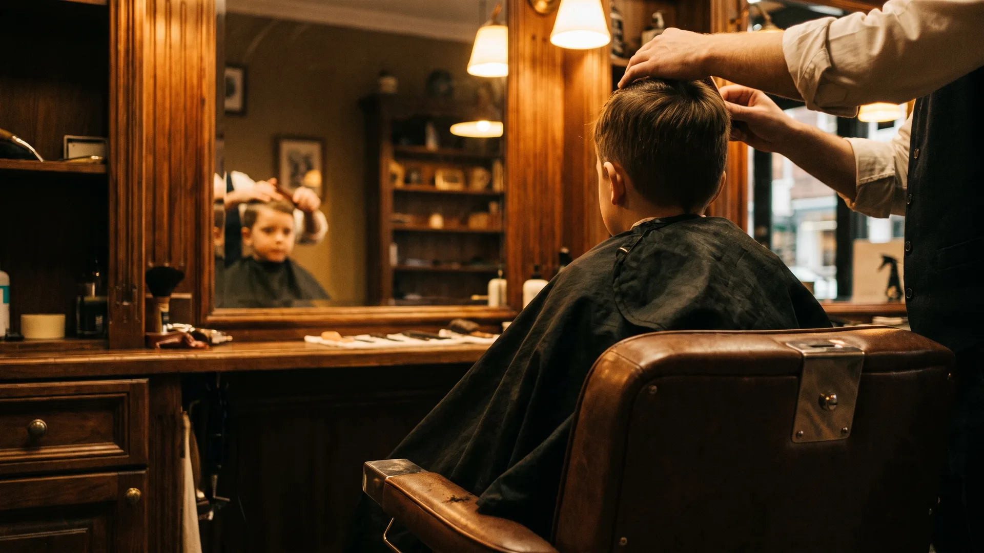 A young boy in an oversized cape sitting in a barber chair while the barber combs his hair