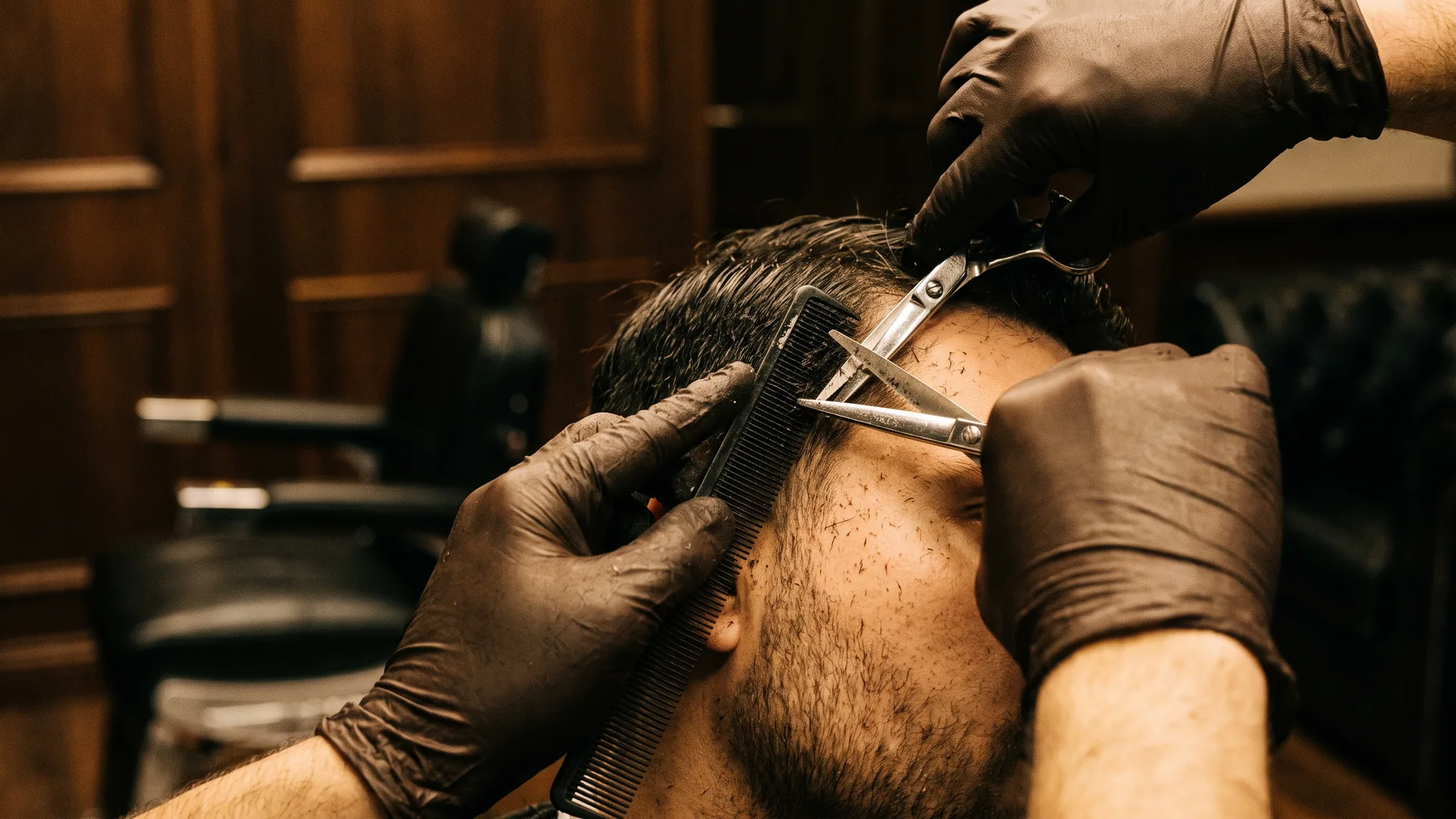 Scissors and a comb working the side of a man's head during a classic men's haircut