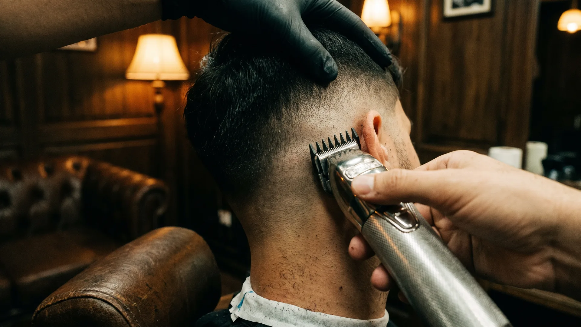 A clipper with a metal guard blending a crisp skin fade at the temple